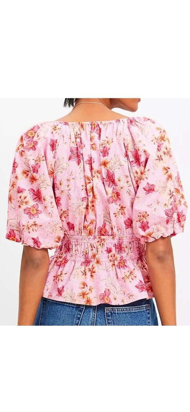 LOFT Lily Gathered Waist Floral Puff Sleeve Blouse large boho Flirty - Picture 8 of 12